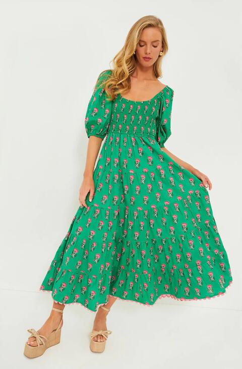 Pink City Prints Dresses & Skirts - PINK CITY PRINTS Tuckernuck Parakeet Blossom Angelina Midi Smocked Dress Green M